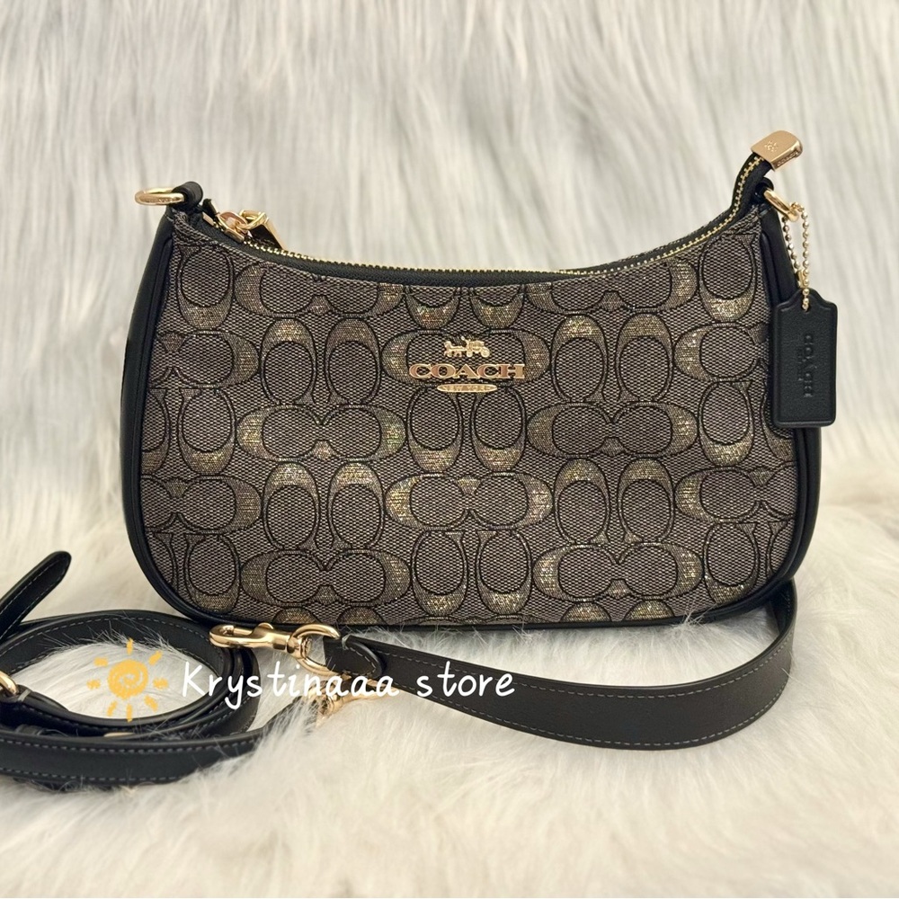 NWT Coach Teri Shoulder Bag In Signature Jacquard CCZ02 Charcoal/Gold